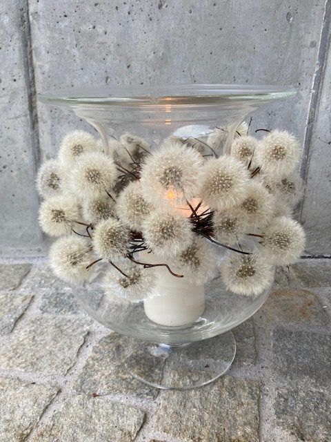 Pusteblumen-Arrangement in Glasgefäss mit Kerze