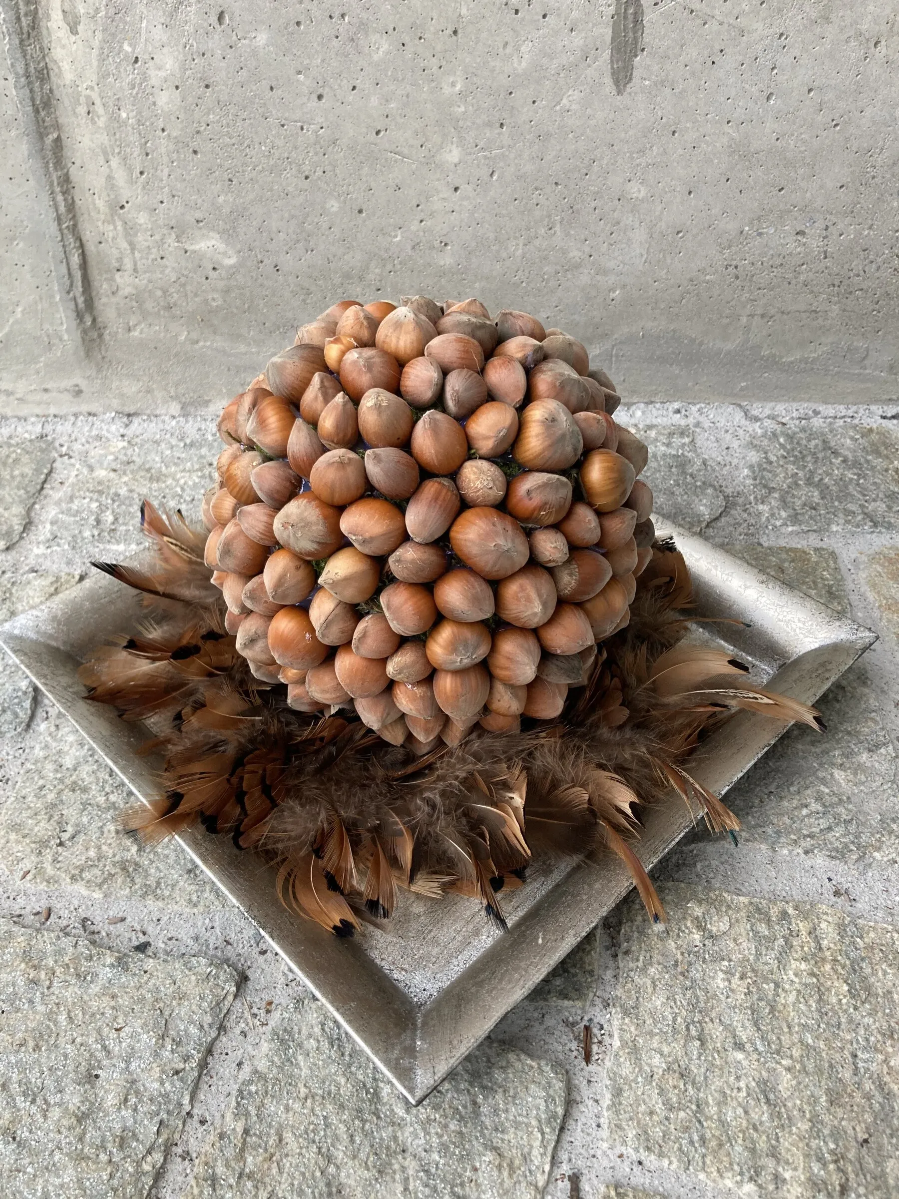 Kugel aus Haselnüssen auf Federn in silbernem Rahmen