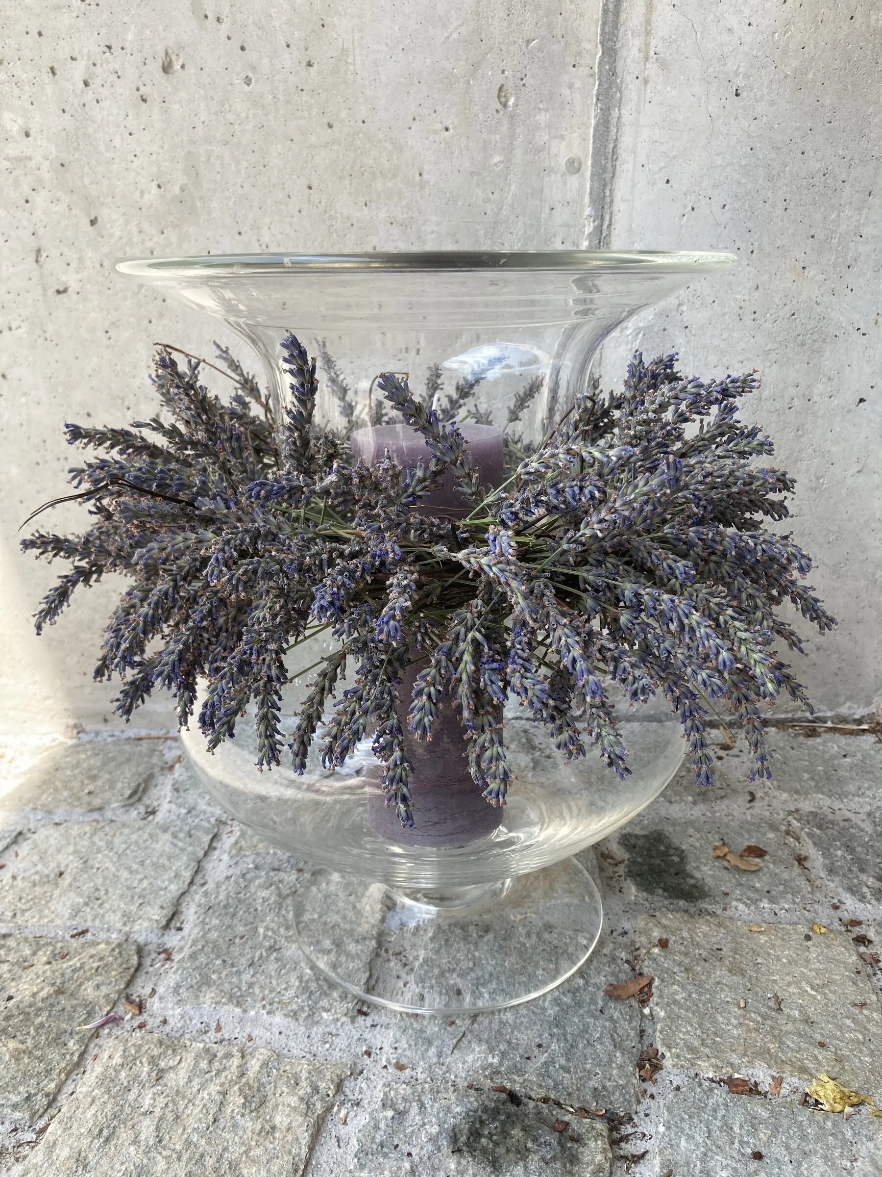 Lavendel dicht gesteckt in einer grossen Glasschale auf Fuss